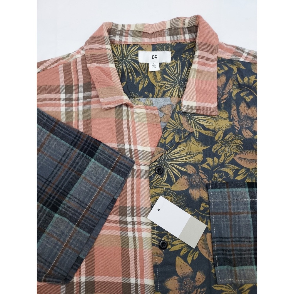 BP Nordstrom Mens Button Up Shirt XL Plaid Floral Patchwork Short‎ Sleeve